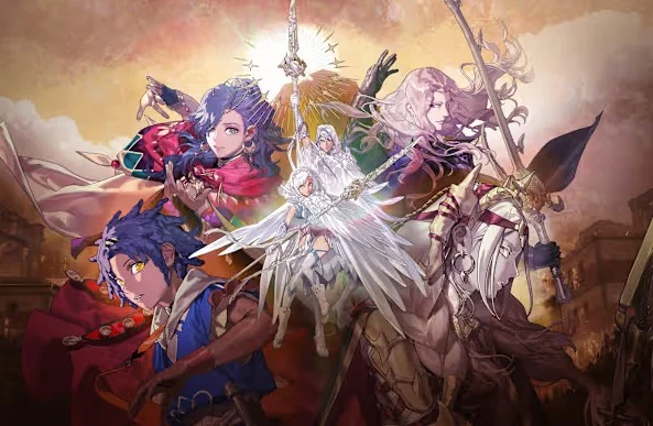 Key art for Fire Emblem: Fortune's Weave showing the four protagonists Cai, Theodora, Dietrich, and Leda alongside the goddess Sothis in an epic illustrated composition.