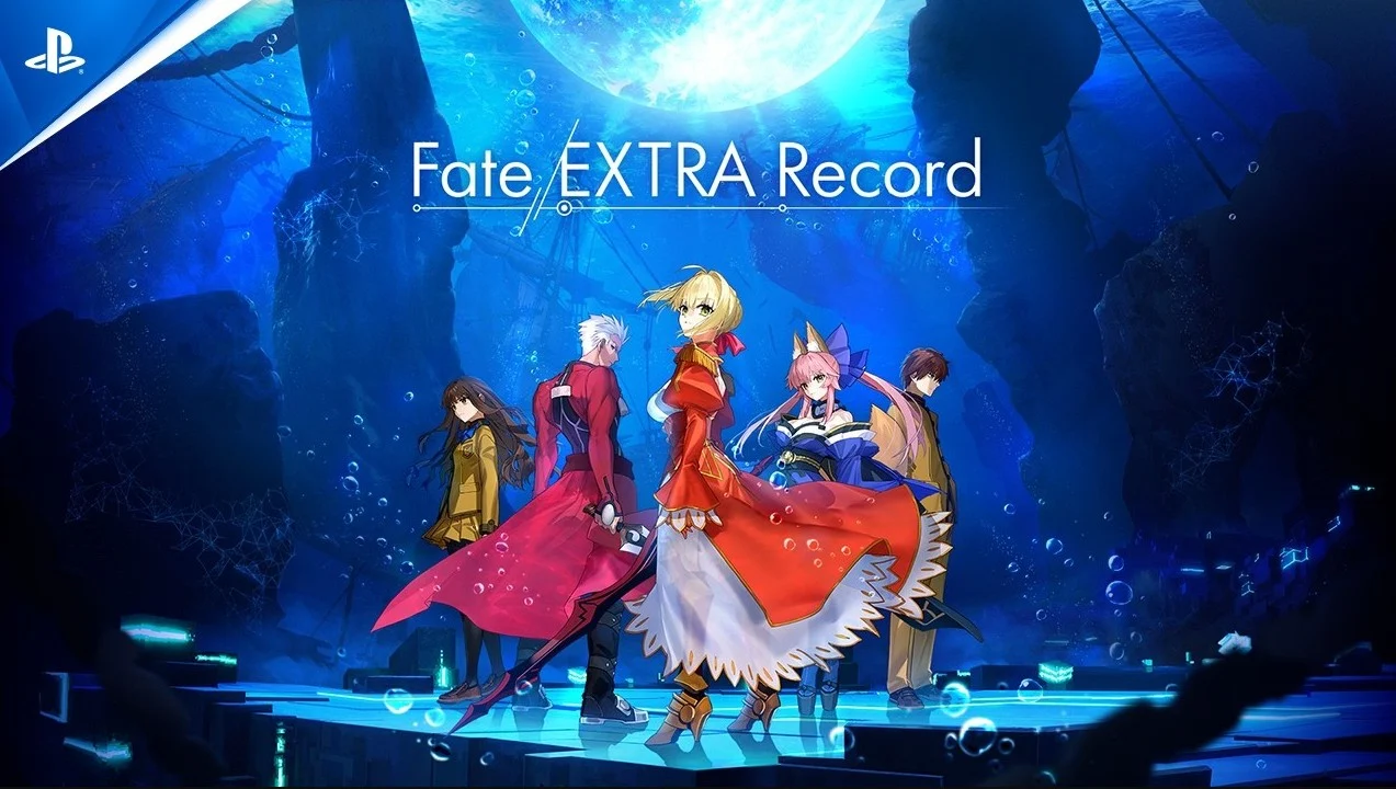 Key art for Fate/Extra Record showing Nero Claudius, Tamamo-no-Mae, Archer, Hakuno Kishinami, and Rin Tohsaka standing beneath a luminous moon in the virtual world of SE.RA.PH.