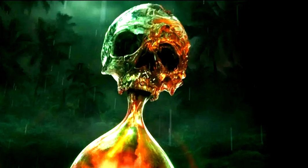 Until Dawn 2 cover art featuring a decaying skull atop a glowing hourglass with silhouettes inside, set against a dark tropical jungle backdrop